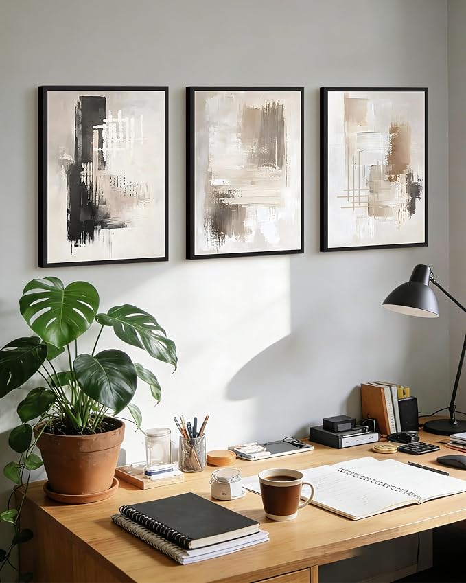 PHOPAGO Abstract Framed Wall Art Mid Century Modern Minimalist Beige Pastel Watercolor Neutral Wall Decor for Living Room Bedroom - 12x16in Black Framed