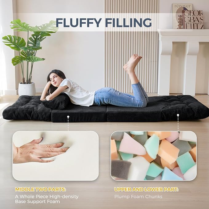 MAXYOYO Folding Sofa Bed, Tufted Bean Bag Bed with Pillows Floor Couch for Adults, Extra Thick and Long Floor Sofa, Single Couch for Bedroom Living Room, Black, 30x91 Inch