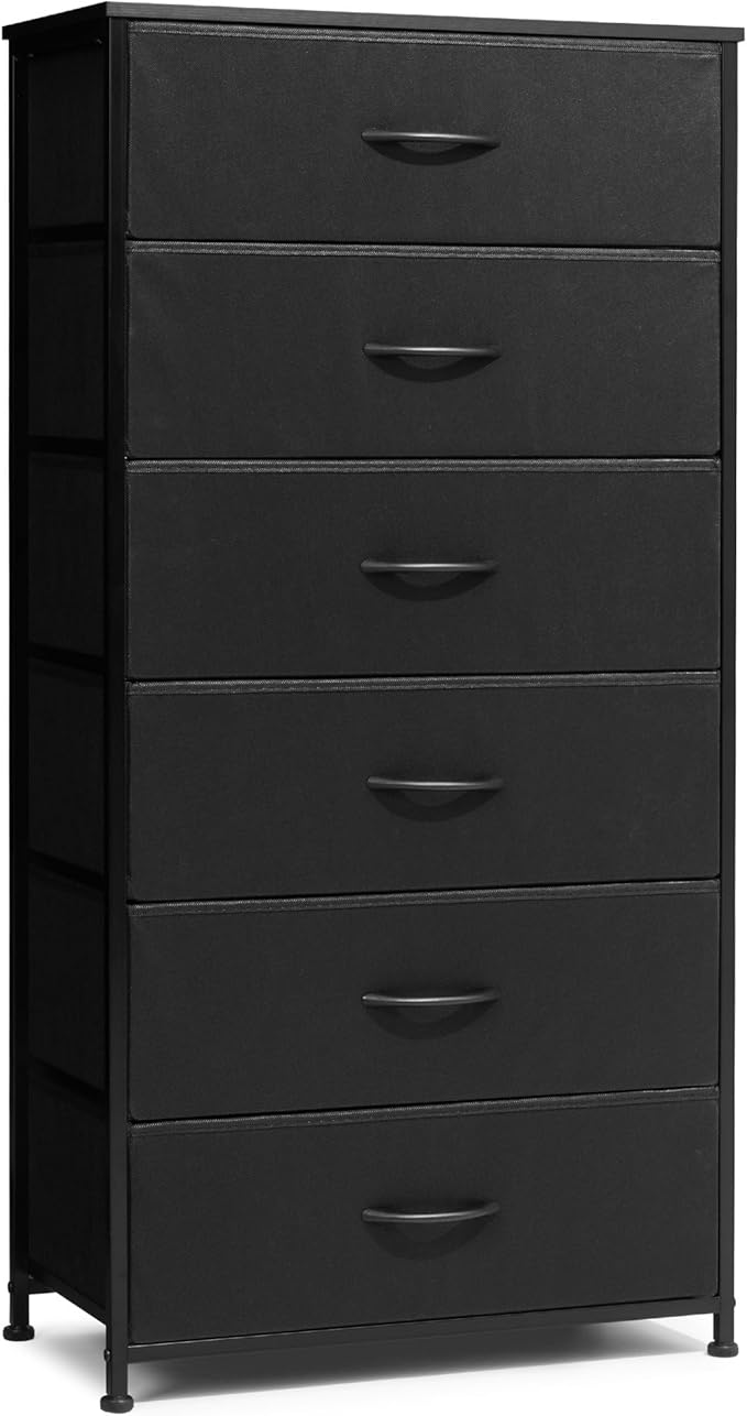 Crestlive Products Dresser for Bedroom with 6 Drawers, Tall Chest of Drawers, Black Dressers Bedroom Furniture, Storage Organizer Unit with Bins for Closet, Hallway, Living Room, Entryway
