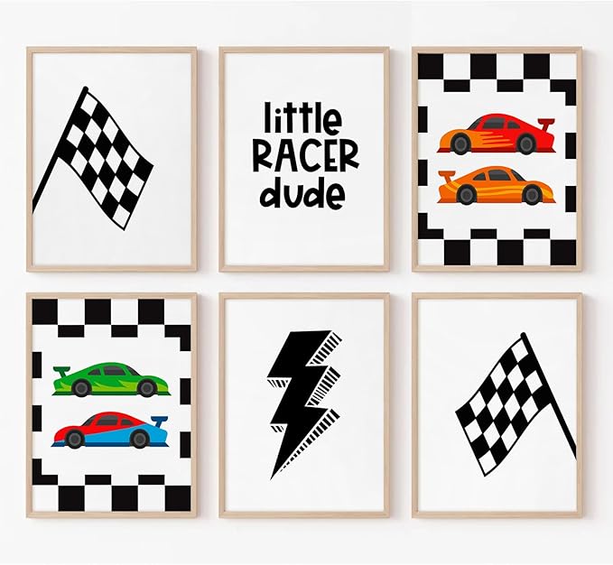 Tanmart Race Car Wall Art Pictures Boys Room Wall Decor Nursery Toddler Canvas Wall Art Kids Playroom Art Prints Boys Race Car Poster Nursery Artwork Set of 6 for Bedroom 8x10 Inch Unframed