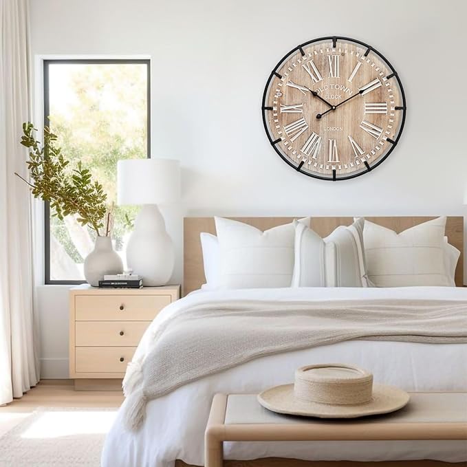 EMAX HOME 20 Inch Large Farmhouse Wall Clock, Rustic Antique Wood with Metal Circle and Large Engraved Numerals, Silent Battery Operated Wall Clock for Office Kitchen Bedroom Living Room