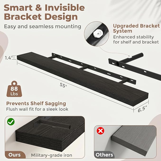 Venusmiles Floating Shelves for Wall, 55 Inch Floating Shelves Set of 2, 6.5" D Wooden Wall Mounted Display Shelves with Invisible Brackets for Living Room, Bedroom, Bathroom, Kitchen Decor, Black