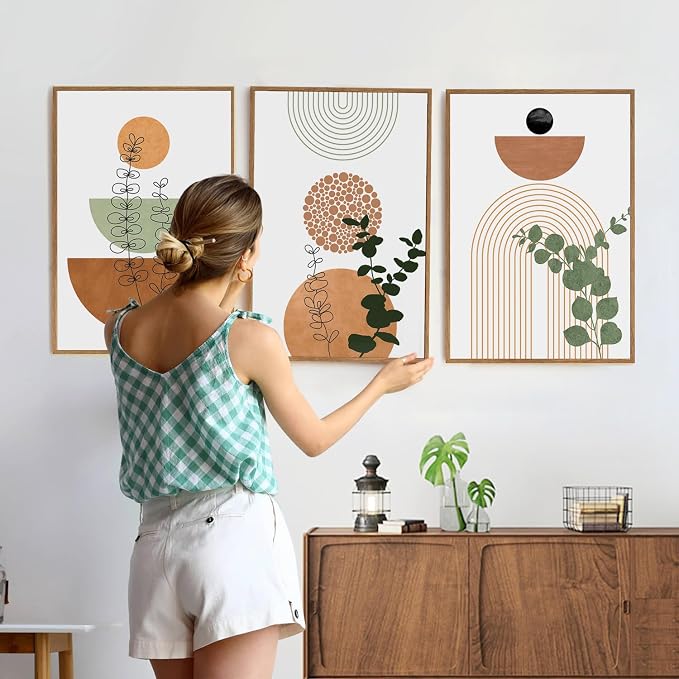 SIKERIC Framed Boho Wall Art Set of 3, (24x36 Inch) Neutral Boho Canvas Wall Art Prints, Mid Century Modern Wall Art Decor, Geometric Bohemian Art Painting for Living Room, Bedroom, Office