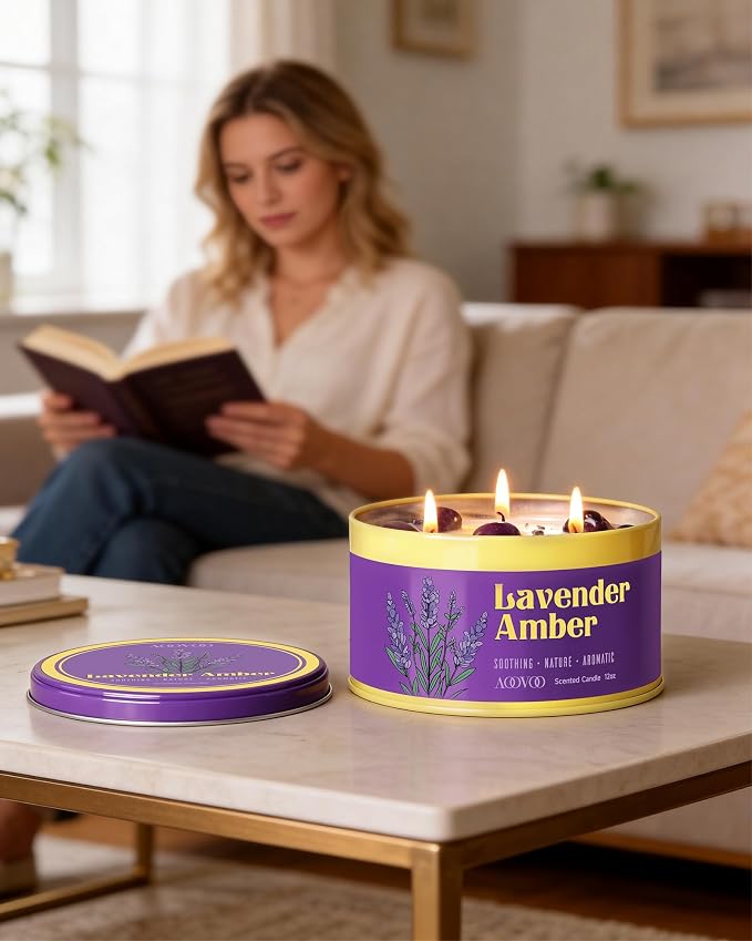 AOOVOO 2 Pack Lavender Amber Candles for Relaxation - 3 Wick 12oz Large Scented Candle with Amethyst & Dried Lavender Inside, Soy Wax Non Toxic for Sleep, Meditation, Aromatherapy Gifts for Women Men