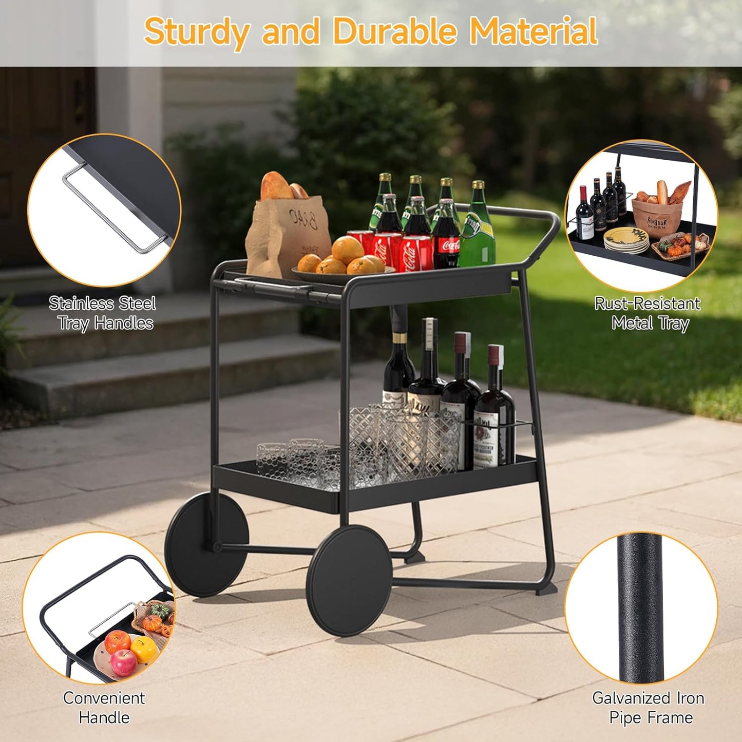 Outdoor Grill Cart Table with Extra-Large Wheel, 24" x 16" Removable Tray & Ergonomic Handle, Indoor and Outdoor Pizza Oven Table for Garden Patio BBQ Kitchen Food Prep Cart for Party