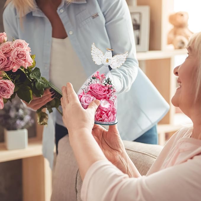FIACO Gifts for Mom Women Birthday Preserved Rose in Glass Angel Figurine Forever Fresh Flower for Delivery, Mothers Day Flowers Gifts for Grandma Wife Daughter Pink