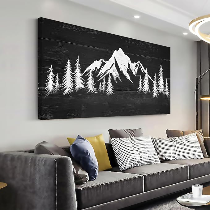 Ggaafet Black and White Mountain Forest Wall Art for Bedroom Canvas Painting Prints Retro Wood Rustic Landscape Art Deco Vintage Nature Artwork Office Farmhouse Dining Room Decor