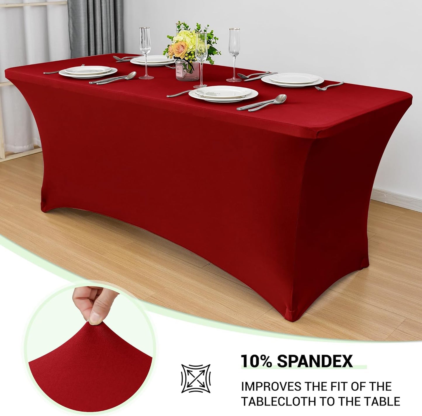 Obstal 8Ft Stretch Spandex Table Cover for Standard Folding Tables - 2 Pack Universal Rectangular Fitted Tablecloth for Party, Banquet, Events, Trade Show (Dark Red, 96L x 30W x 30H Inches)