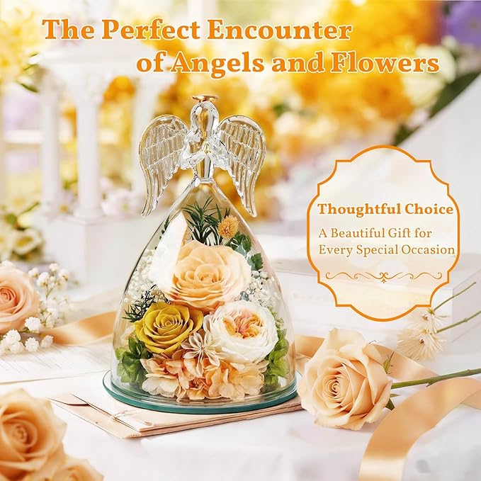 TranquilBliss Gifts for Mom, Flowers for Mother’s Day, Preserved Rose in Glass Dome with Light, Angel Figurines for Her Birthday, Valentine’s Day for Wife, Grandma, Women - Champagn