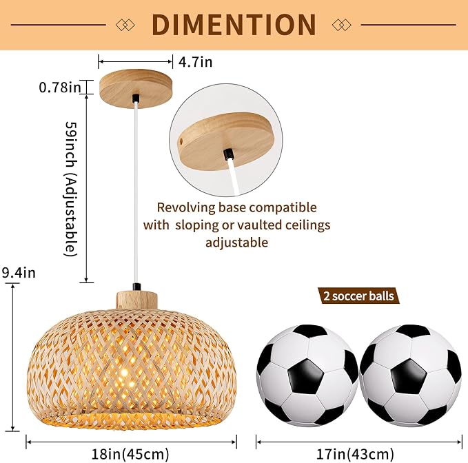 18inch Bamboo Rattan Pendant Lights, Hand-Woven Wicker Boho Hanging Ceiling Lights Fixture, Beige Pendant Lamp Rustic Farmhouse Chandelier for Kitchen Island, Dining Room, Bedroom, Living Room