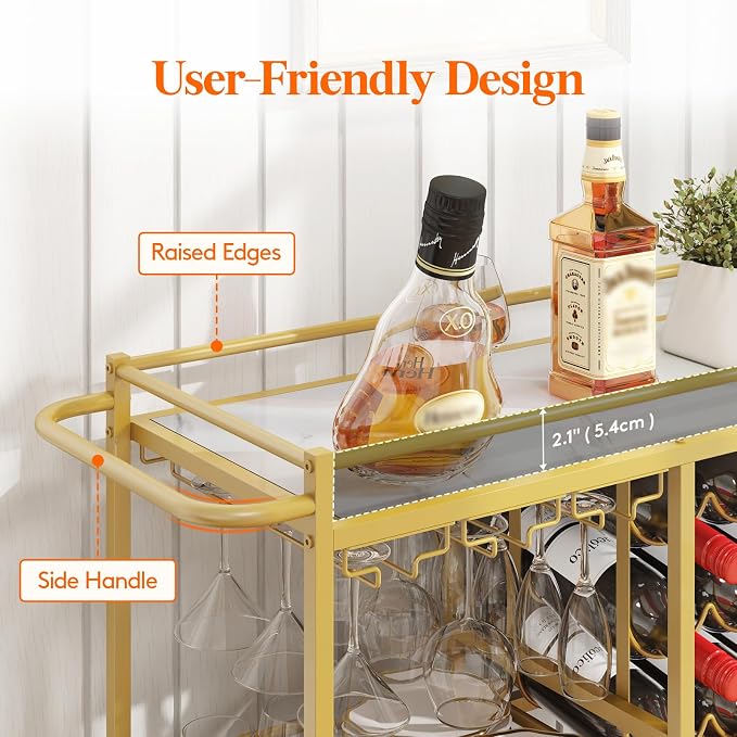 Lifewit Bar Cart for The Home, 3 Tier Drink Cart with Lockable Wheels, 12 Wine Rack and 3 Rows Glass Holders, Liquor Serving Cart for Livingroom, 80 x 33.2 x 86 cm/31.6 x 13.1 x 33.9 inch Gold