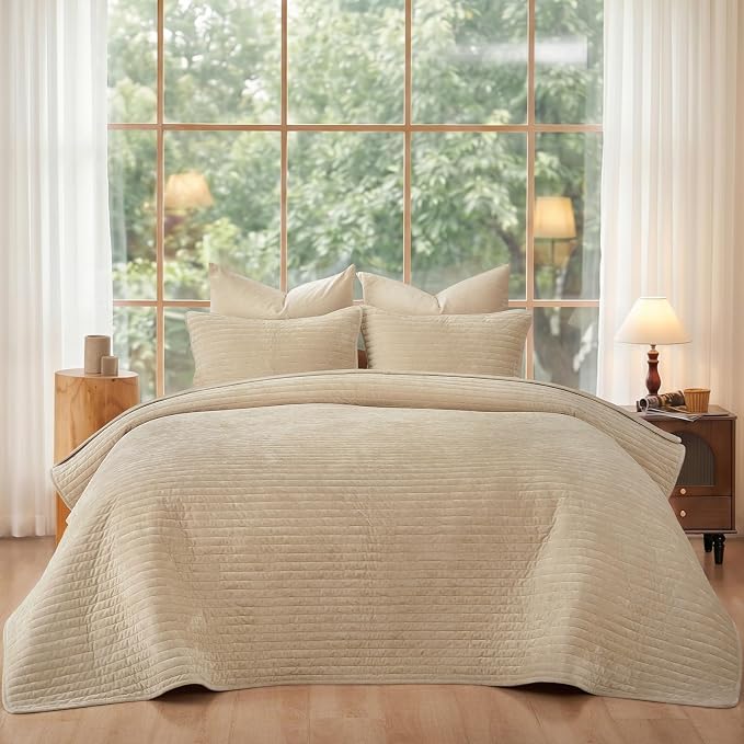 PHF Luxury Velvet Quilt Set Twin Size – 2PCS Ultra Soft Quilted Comforter Alternative with Striped Channel, Cozy Quilted Bedspread, 1 Coverlet with 1 Matching Sham, 68" x 92", Oxford Tan