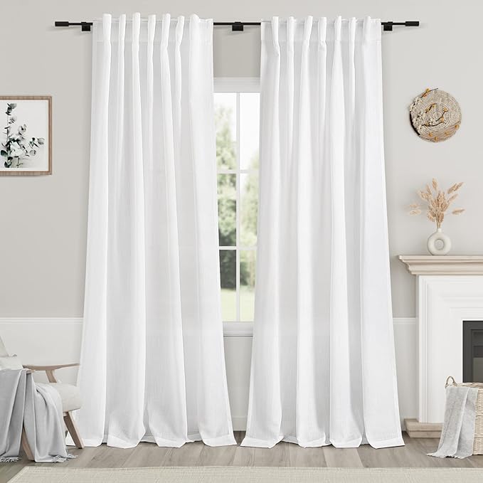 White Semi Sheer Linen Curtains 90 inch Length for Living Room Back Tab Rod Pocket Modern Farmhouse Coastal Decor Off White Cotton Textured Gauze Curtains 90 inches Long for Dining Room Office