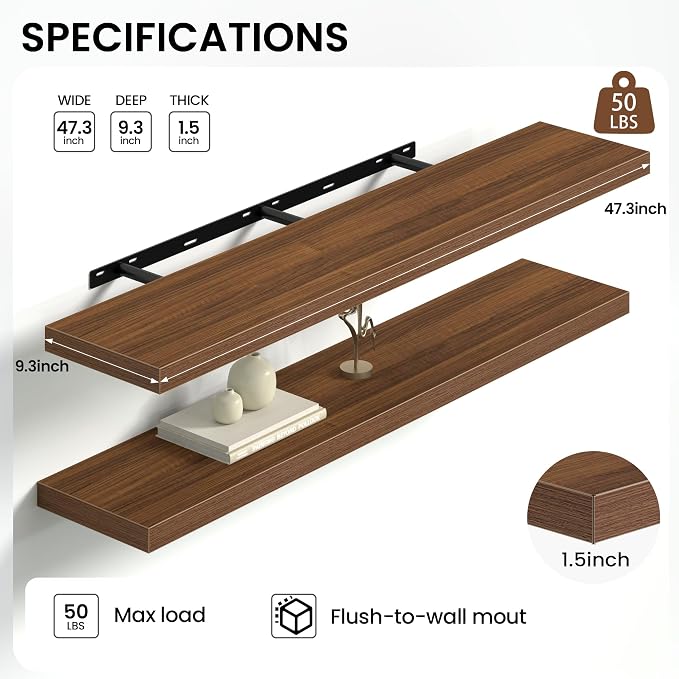 Heimlove Floating Shelves for Wall 48 Inches Long,9.3" Deep Walnut Floating Shelf Set of 2,Wall Mounted Wood Shelves for Bathroom Bedroom Living Room Kitchen Office,Shelf for Books Storage Room Decor