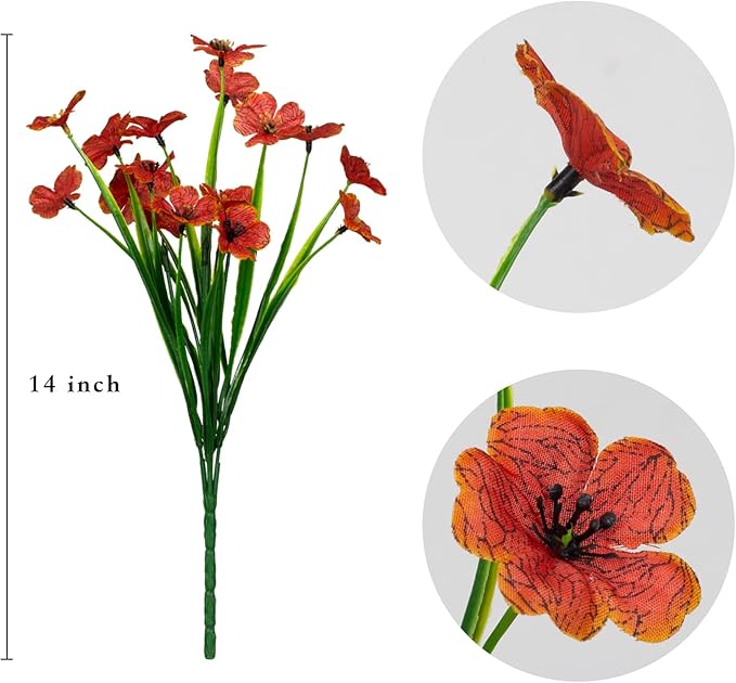 LikSoor 21 Bundles Artificial Outdoor UV Resistant Flowers No Fade Fake Outside Flowers Plastic Greenery Faux Shrubs Garden Porch Window Box Home Decoration (Orange)