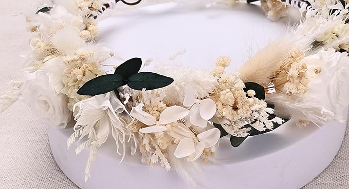 Rustic Preserved Dried Flower Crown with Cream Roses, Natural Floral Headband for Brides Bridesmaids Flower Girls