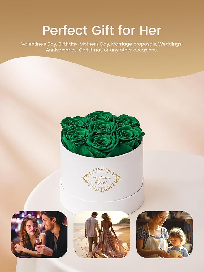 Beaulasting Long Lasting Preserved Roses in a Box Last a Year Forever Flowers for Her Mom Wife Anniversary Birthday (Round White Box, Blackish Green)