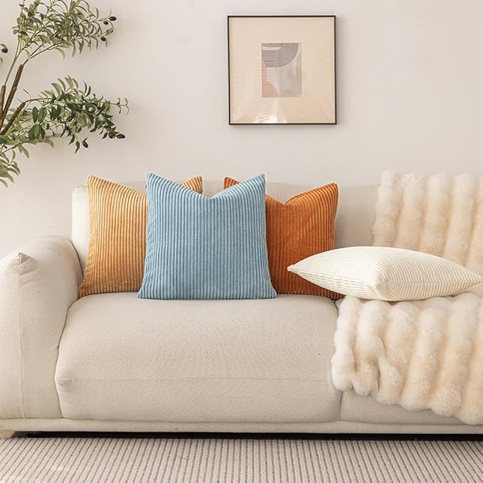 LANANAS Neutral Couch Throw Pillow Covers 18x18 Inch Set of 4 Decorative Farmhouse Boho Throw Pillows for Living Room, Couch, Bed, Sofa Soft Corduroy Accent Home Decor (Cream-Orange, 18x18 Inch)