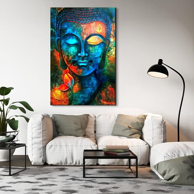 Blue Buddha Wall Decor Colorful Abstract Buddha Head Wall Art Zen Posters Modern Home Decor Living Room Study Bedroom Canvas Prints Painting Lotus Murals Hang Pictures Decoration 36x48 Inch