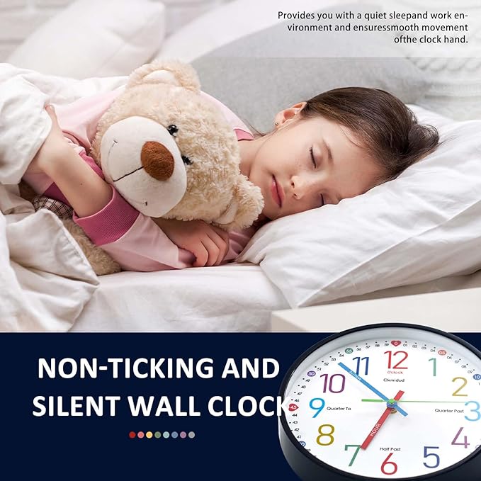 Learning Clock for Kids, 10'' Silent Non-Ticking Teaching to Tell Time Colorful Wall Clocks for Children's Room Bedroom Classroom Home Decor, Gifts for Christmas Birthday (Black)