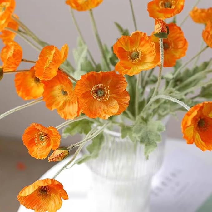 DUYONE Artificial Flowers 6 Stems Poppy Silk Bouquet,for Wedding, Home, Party Decoration,Table Centerpiece Arrangement(Orange)