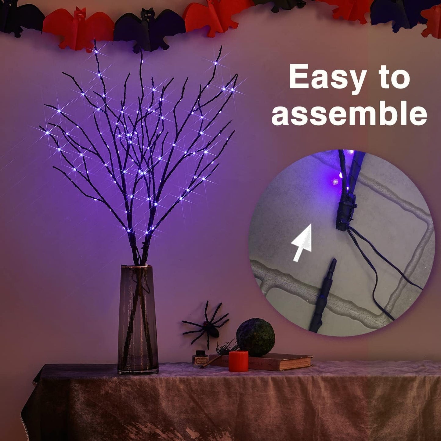 Fudios Halloween Lighted Branches with Timer 100 LED Purple Fairy Lights 32IN, Artificial Black Branch Lights for Halloween Battery Operated Home Decor Indoor Outdoor Use