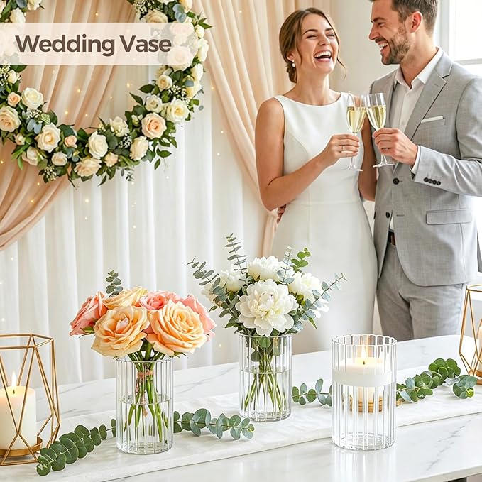 ComSaf Glass Cylinder Vases Pack of 12, Clear Ribbed Bud Vases for Centerpieces Weeding Decoration, 4 inch 6 Inch 10 Inch Tall Clear Flower Vases in Bulk, Hurricane Candle Holder for Party Home Decor