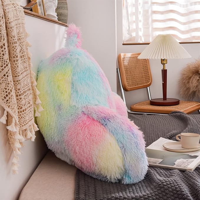A Nice Night Faux Fur Reading Pillow Bed Wedge Large Adult Children Back Rest Support Cushion for Sit Up on Couch,Sofa,and Floor,Standard,PinkYellow