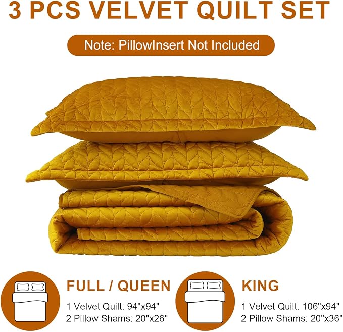 Ivellow Velvet Quilt King Size Ultra Soft Lightweight Velvet Comforter Set Oversized Bedspread Coverlet Full for All Season 3Pcs Luxury Quilted Bedding