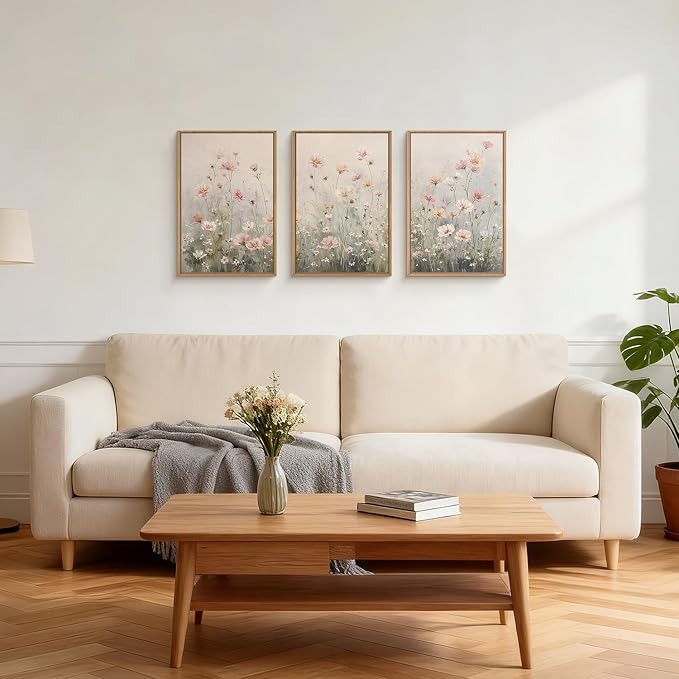 LHIUEM Watercolor Wildflower Framed Canvas Wall Art,Vintage Floral Wall Decor,Nature Pink Daisy Painting,Botanical Flower Artwork for Living Room,Bedroom,Dining Room -24"x36"x3