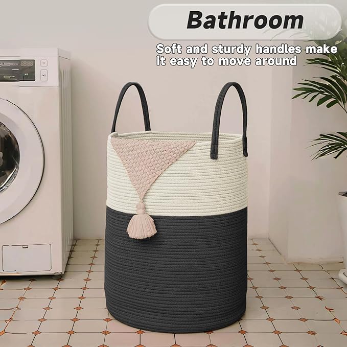 JMvicyroam Large Woven Laundry Basket Hamper,80L Cotton Rope Storage Bin for Blankets,Toys and Clothes,Decorative Tall Nursery Hamper for Living Room,Baby Nursery,Bathroom and Bedroom,White and Black