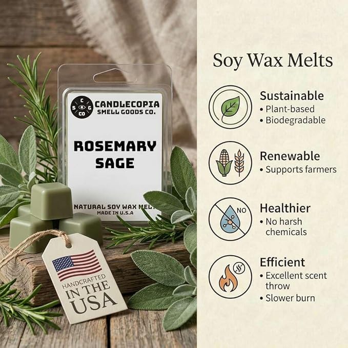 Rosemary Sage Strongly Scented Hand Poured Vegan Wax Melts, 12 Scented Wax Cubes, 6.4 Ounces in 2 x 6-Packs