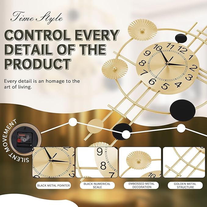 Large Wall Clocks for Living Room,Silent Non Ticking, Battery Operated Oversized Round Modern Wall Clock for Bedroom Farmhouse Office Wall Decor-17.1x29.1Inch(Golden)