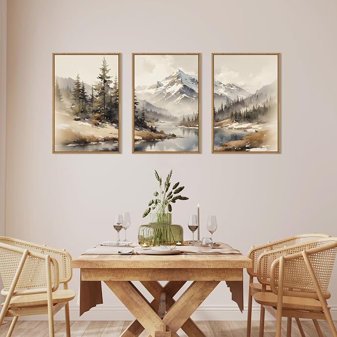 Watercolor Misty Mountain Framed Canvas Wall Art Set, Foggy Pine Tree Wall Decor, Winter Landscape Wall Painting, Nature Snowy Forest Art Print for Living Room, Bedroom, Office -16"X24"X3