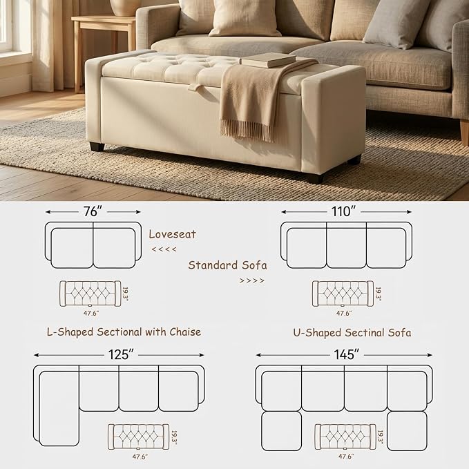 47" Beige Storage Ottoman, Multi-Functional Shoe Bench Seat for Living | Versatile design works as a coffee table or footstool; easy assembly, sturdy structure, and comfortable padded cushion.