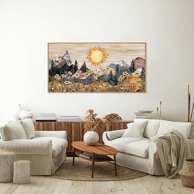 Rantodecor Boho Mountain Framed Canvas Wall Art, Western Daisy Floral Landscape Wall Decor, Rustic Fern Flowers Art Painting, Modern Fantasy Nature Sun Artwork for Bedroom Living Room Office 40"x20"