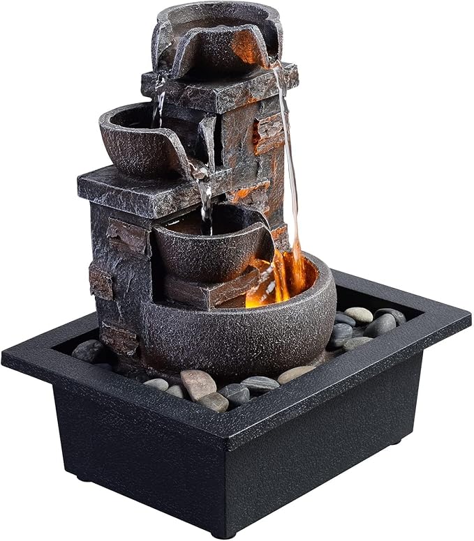 Kalona Décor Desktop Fountain - 10" 4-Tier Design with Imitation Stone, Indoor Waterfall Tabletop River Rocks & Resin Material for Serene Meditation & Relaxation - Ideal for Home & Office Decor