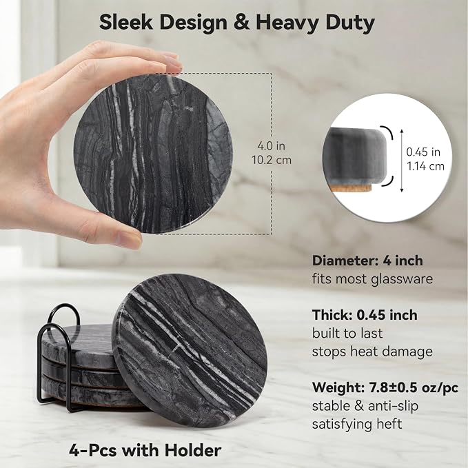 Black Marble Coasters Set of 4 with Holder, Black & Dark Gray Coasters for Coffee Table, 4" Round Polished Black Stone Coaster with Unique Veins – Heat Resistant, Non-Slip, Housewarming Gift