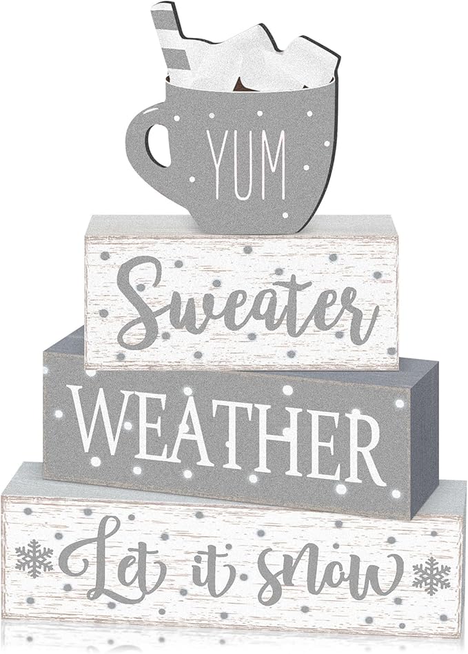 Marsui 4 Pcs Winter Christmas Wooden Tabletop Decor Rustic Wooden Hot Cocoa Block Sign Gift Farmhouse Xmas Tiered Tray Decor Let It Snow Table Centerpiece Winter Decorations for Home Office Desk Shelf