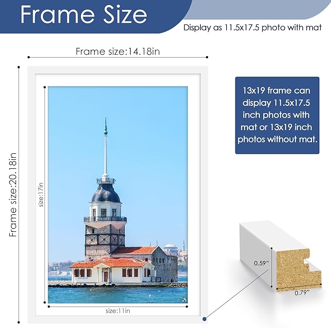 PEALSN 13x19 Picture Frame Set of 6, Display Pictures 11 x 17 with Mat or 13 x 19 without Mat for Wall Mounting Display, Poster Frames Collage for Wall Decor, White.