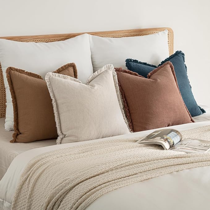 MIULEE Decorative Couch Pillow Covers Neutral Linen Fringe Throw Pillows Set of 4 Modern Rustic Cushions Boho Farmhouse Pillowcases for Bed Sofa Living Room Spring Decor 24x24 Inch Beige/Brown/Blue
