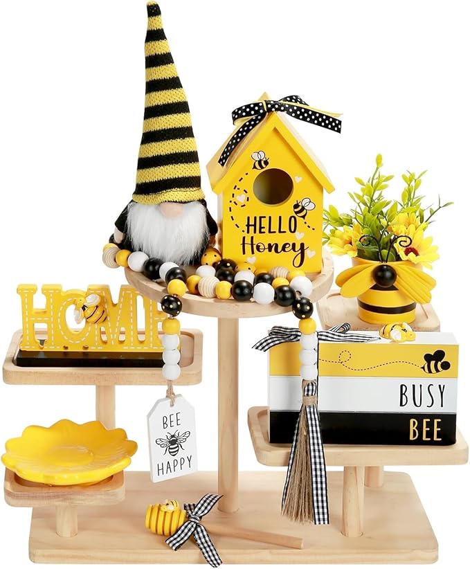 Spring Decorations 8 Pcs Bee Tiered Tray Decor Set, Summer Bumble Bee Décor for Kitchen Shelf Mantel Farmhouse Tabletop Spring Summer Decorations for Home Office Indoor Beehive Gnome Decorative Bundle