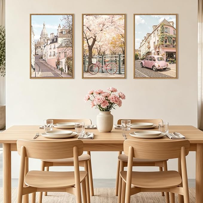 Ausril Vintage Italy Cityscape Framed Canvas Wall Art Set, Romantic Flower Street Wall Decor, Pink Bike Car Wall Painting, European Travel City Art Prints for Living Room, Bedroom, Office -24"X36"X3