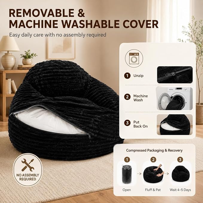 Simple Deluxe 3.25 ft Faux Fur Memory Foam Bean Bag Chair, Large Comfy Lazy Chair for Adult with Washable Cover, Perfect for Reading Gaming in Living Room Bedroom, Black