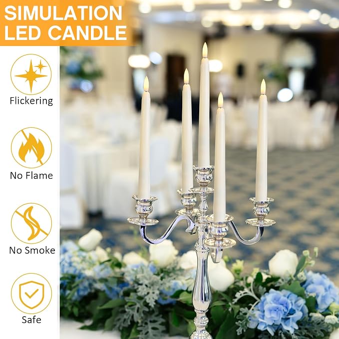 Baquler 6 Pcs Flameless Ivory Taper Candles Bulk Flickering LED Candles Taper Warm White Light LED Candlesticks for Christmas Wedding Home Decoration No Remote Control, 9.6 Inch