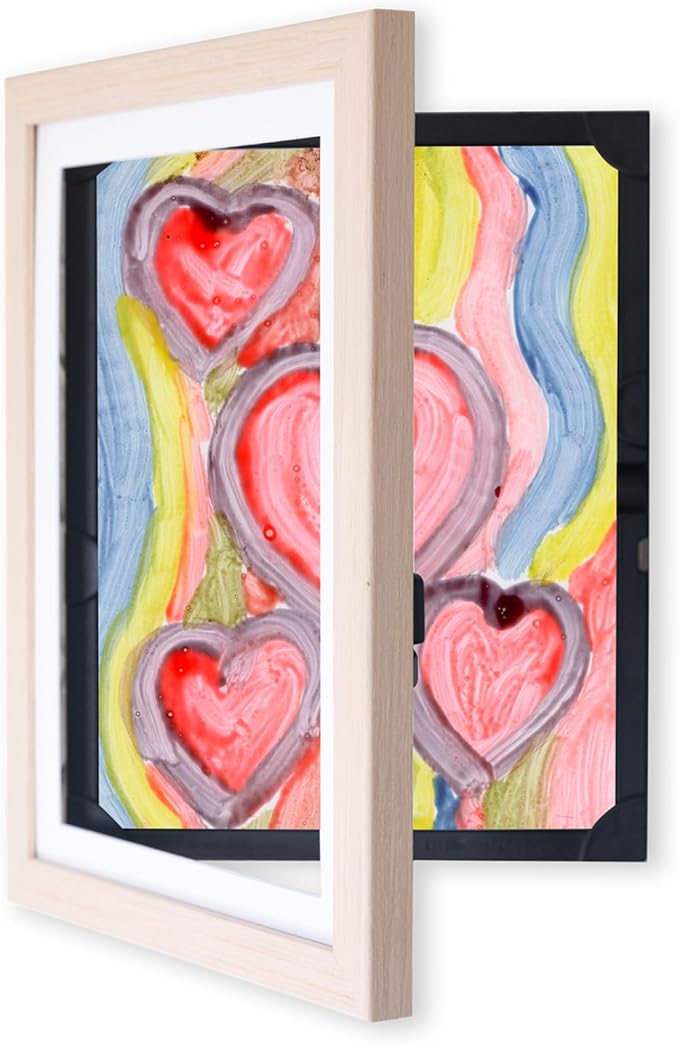 Dynamic Frames Li’l Davinci Art Cabinet, Stores up to 50 Pieces of 9x12 inch Art, Outer Wooden Frame 11.75 x 14.75 inches, Kids Art Frame, Front Opening, Universal Hanging, Natural