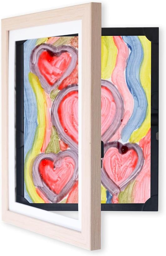 Dynamic Frames Li’l Davinci Art Cabinet, Stores up to 50 Pieces of 9x12 inch Art, Outer Wooden Frame 11.75 x 14.75 inches, Kids Art Frame, Front Opening, Universal Hanging, Natural