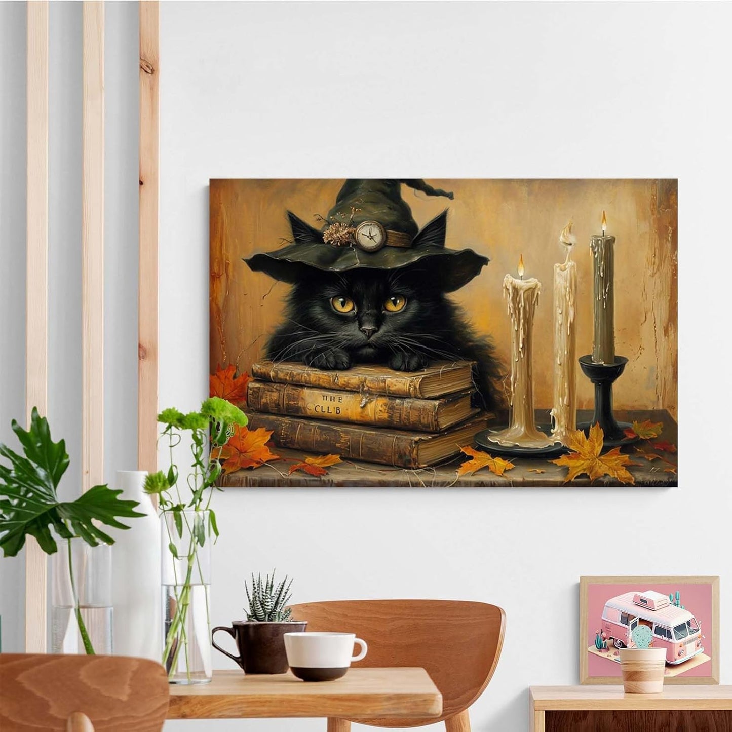 JFHCQJPK Vintage Halloween wall decoration black cat and magic book suitable for home bedroom living room decoration dark classic art witch wall decoration12x16in Frameless