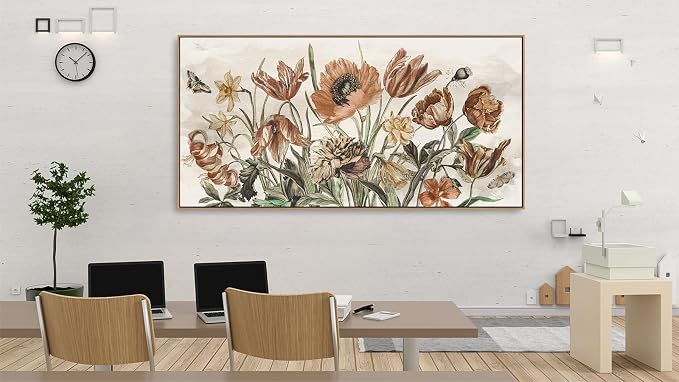 yearainn Rustic Floral Framed Wall Art - Warm Earthy Tones Flowers Canvas Pictures Wall Decor Farmhouse Painting Artwork Elegant Botanical Prints Living Room Home Decor Natural Wood Frame 58" x 29"