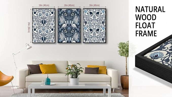 Large Framed Canvas Wall Art - Navy Blue Pictures William Morris Style for Living Room Bird Flower Prints Boho Wall Decor for Bedroom Dining Room Black Float Frame 16" X 24" X 3 Pieces